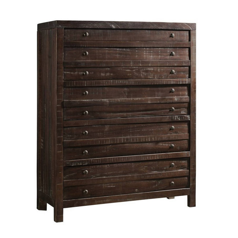 Transitional Style Five Drawers Solid Hardwood Chest, Brown