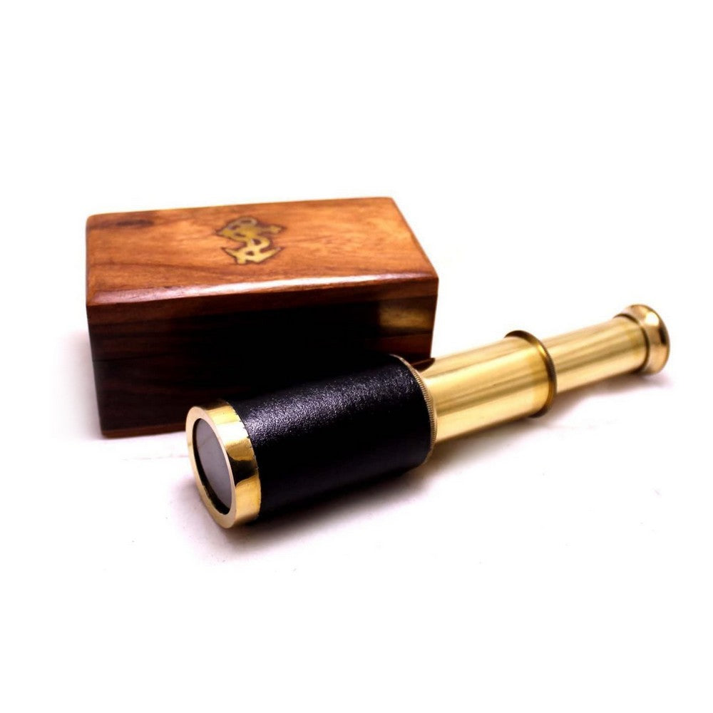 6 Inch Brass Spyglass with Pull Out Wooden Box, Gold and Brown