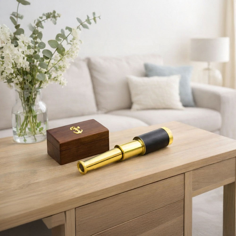 6 Inch Brass Spyglass with Pull Out Wooden Box, Gold and Brown