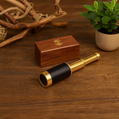 6 Inch Brass Spyglass with Pull Out Wooden Box, Gold and Brown