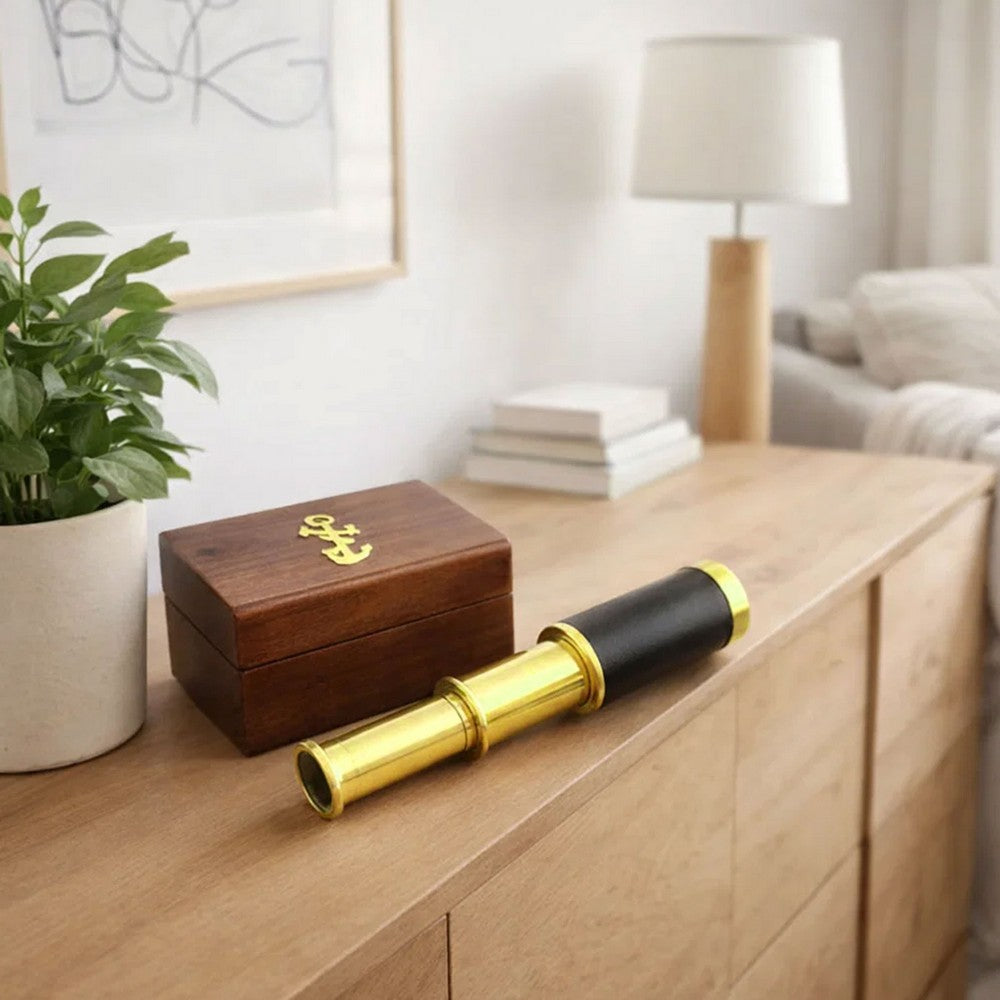 6 Inch Brass Spyglass with Pull Out Wooden Box, Gold and Brown
