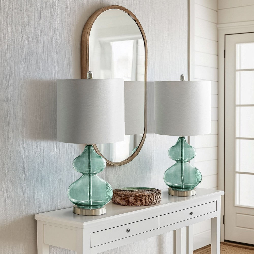 Table Lamp Set of 2, White Shade, Stacked Gourd Blue Glass Body