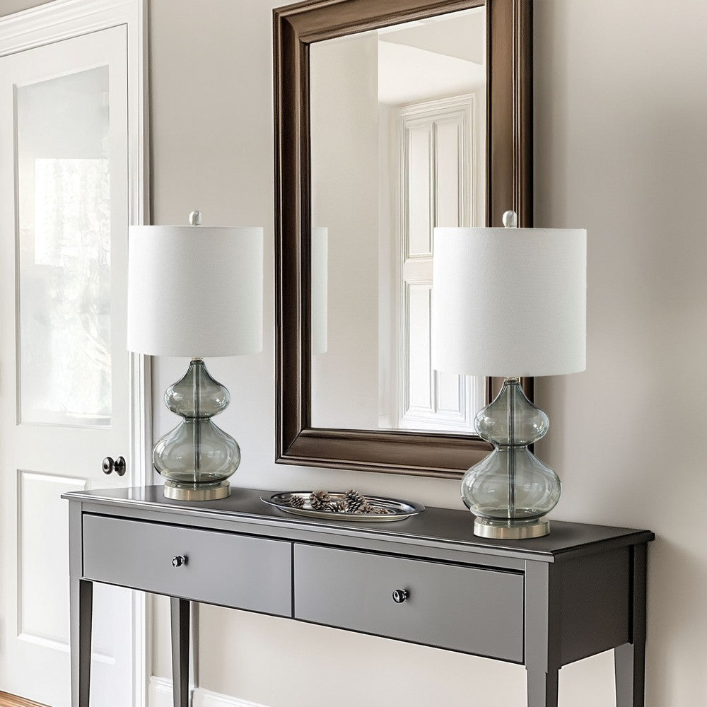 Table Lamp Set of 2, White Shade, Stacked Gourd Gray Glass Body