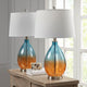 Table Lamp Set of 2, White Shade, Blue & Orange Ombre Glass, Brass