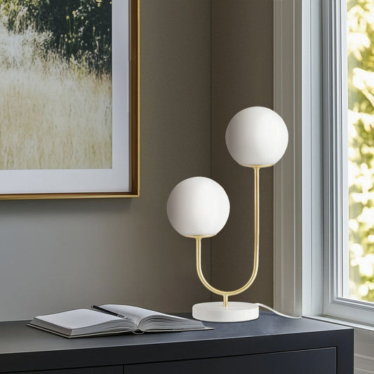 Table Lamp w 2 White Frosted Glass Globes, Modern Gold Metal Body