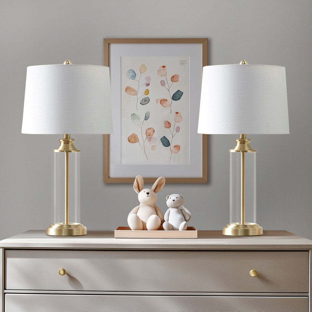 Table Lamp Set of 2, Cream Shade, Glass Cylinder Base, Gold Metal