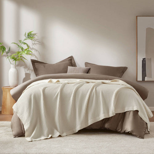 Queen Size Blanket, Plush Cotton, Waffle Weave Design, Ivory