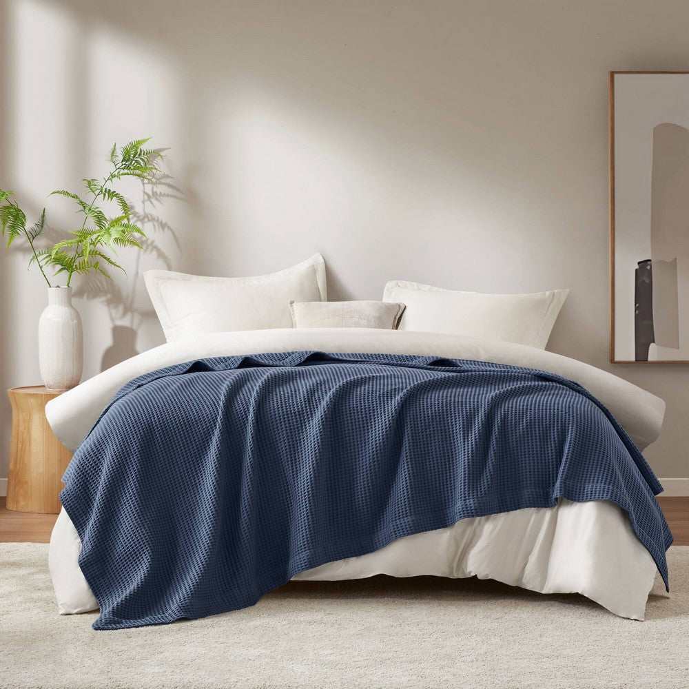 Twin Size Blanket, Plush Cotton, Waffle Weave Design, Blue