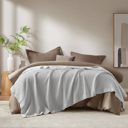 Queen Size Blanket, Plush Cotton, Waffle Weave Design, Gray