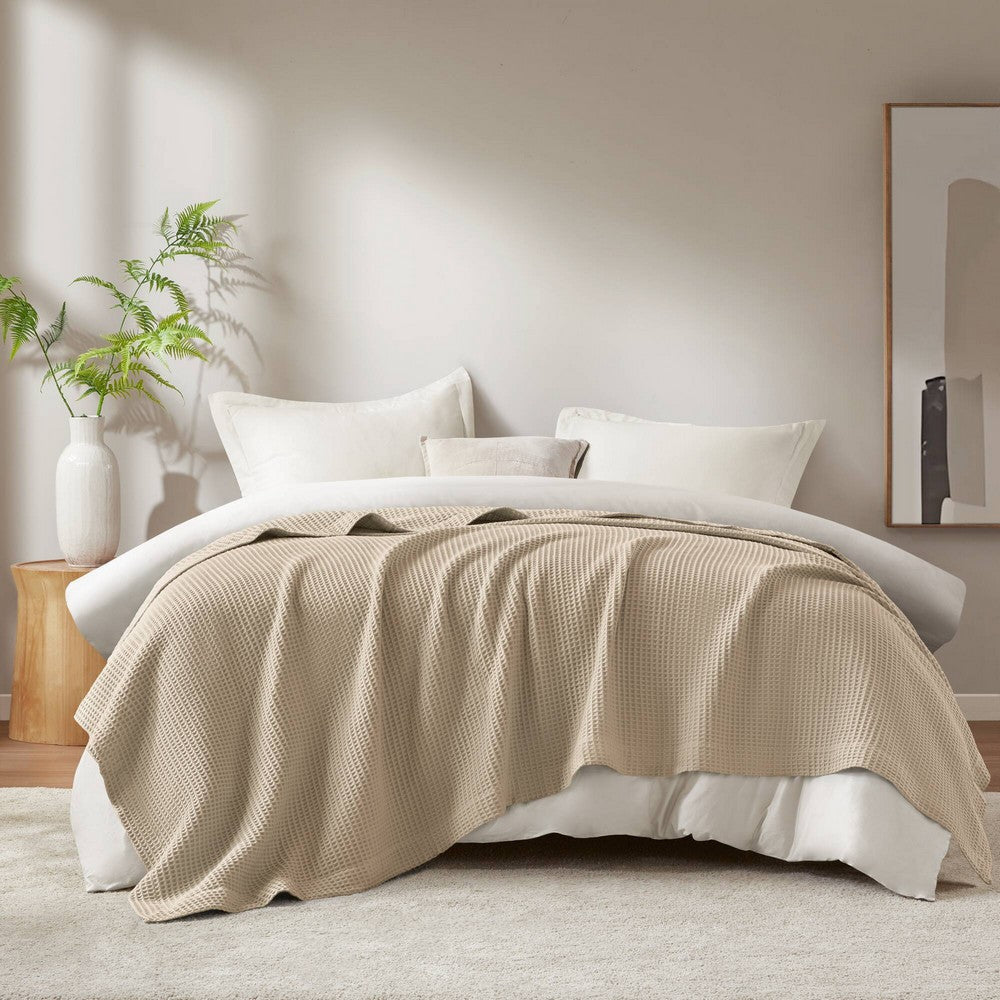 Twin Size Blanket, Plush Cotton, Waffle Weave Design, Khaki Brown