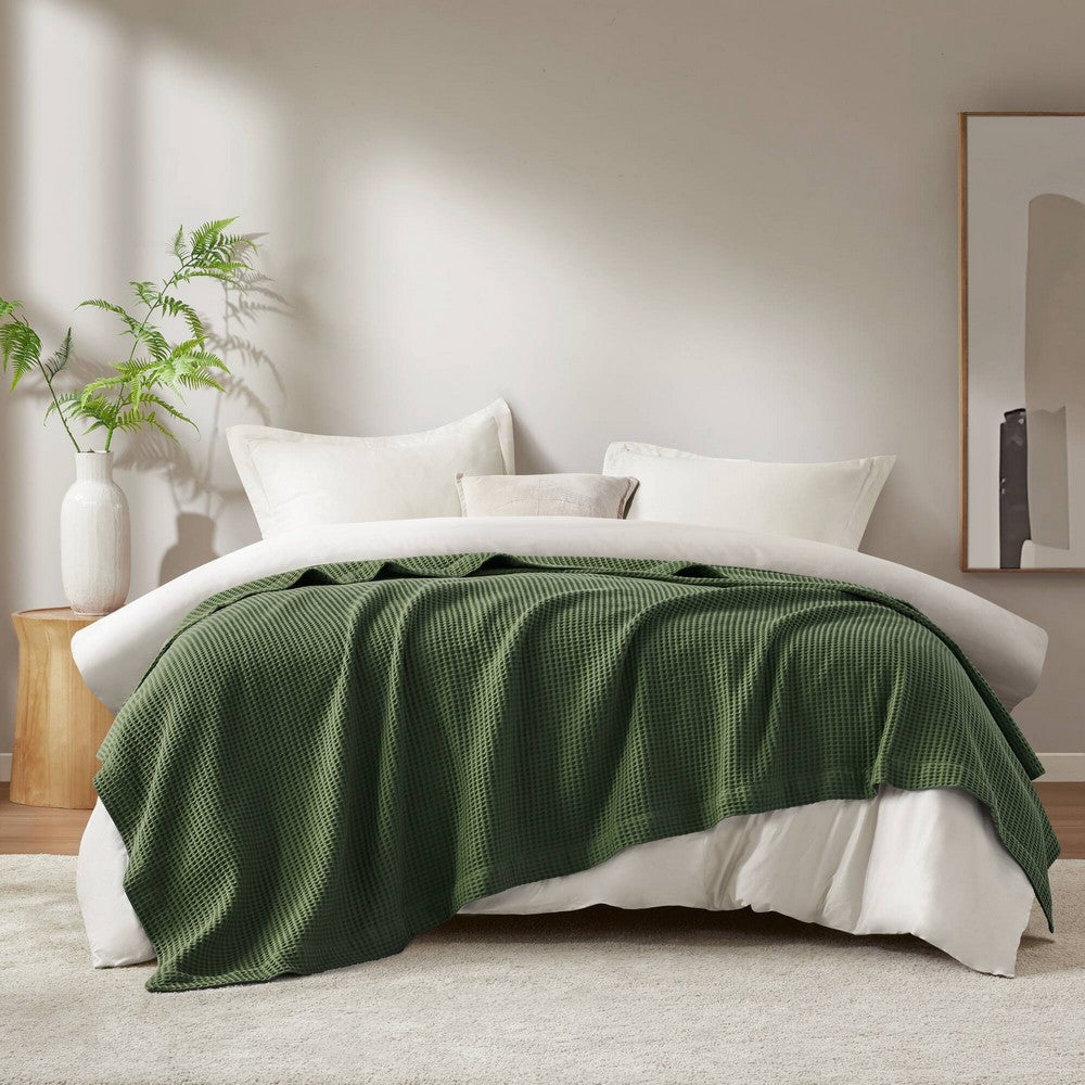 Queen Size Blanket, Plush Cotton, Waffle Weave Design, Olive Green