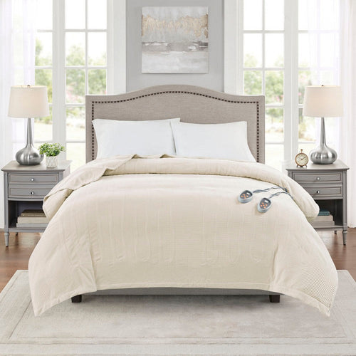 Full Size Micro Fleece Heated Blanket w 1 Heat Controller, Ivory