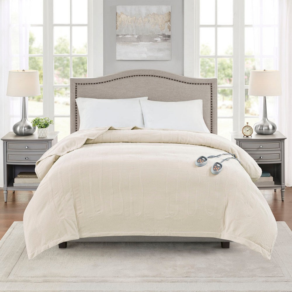 King Size Micro Fleece Heated Blanket w 2 Heat Controllers, Ivory