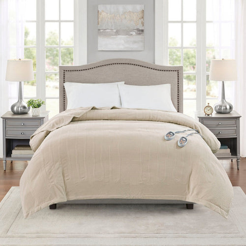 Queen Size Micro Fleece Heated Blanket w 2 Heat Controllers, Beige