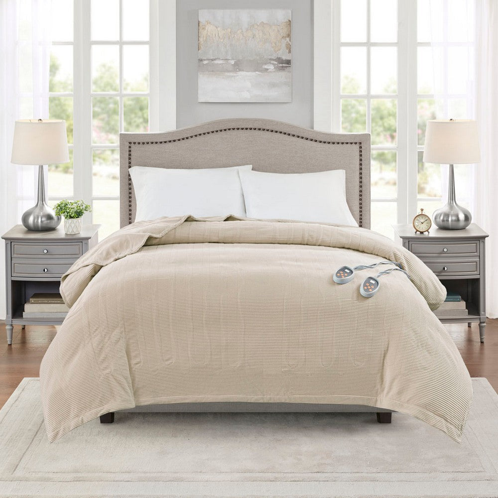 Queen Size Micro Fleece Heated Blanket w 2 Heat Controllers, Beige