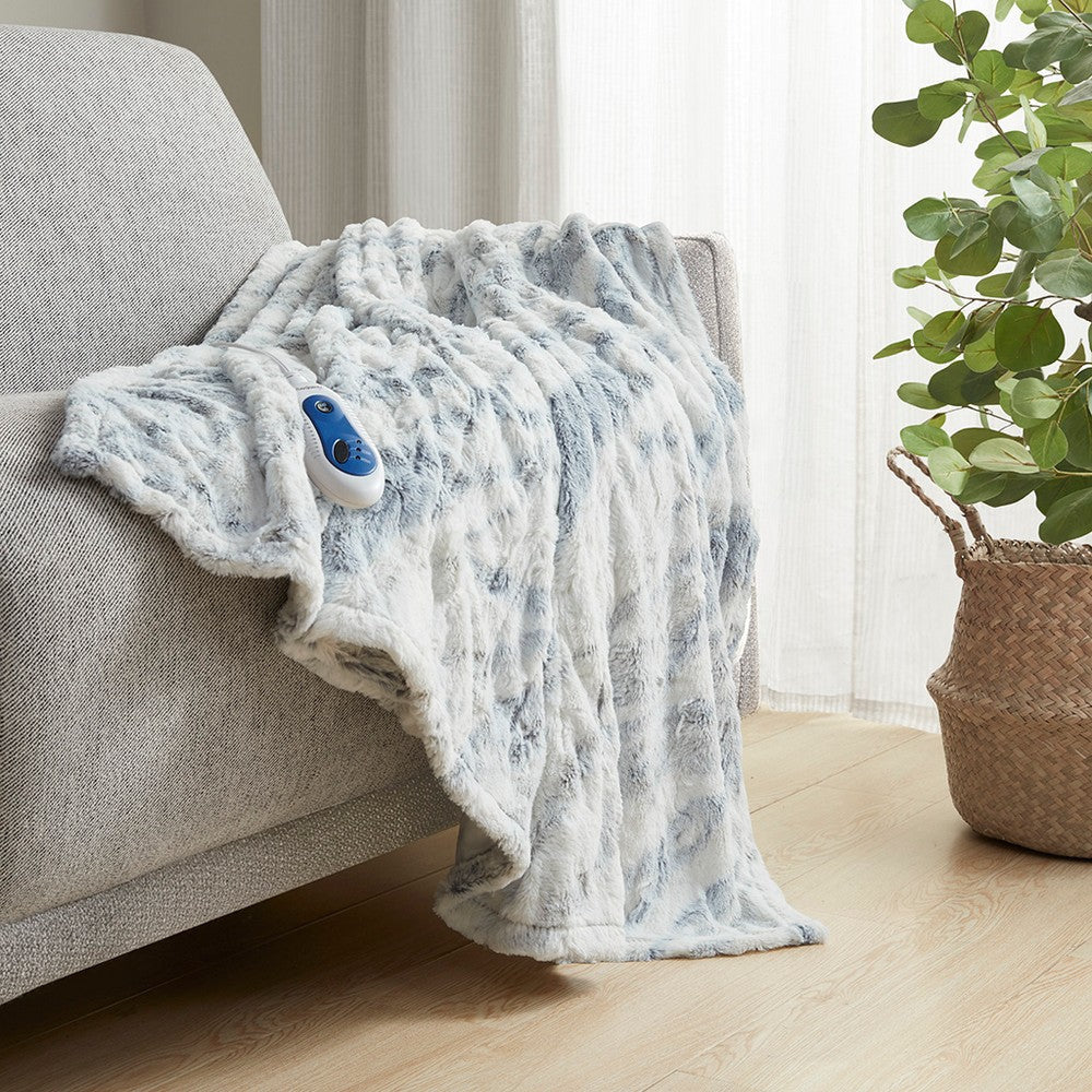 70 x 50 Oversized Throw Blanket, Faux Fur, Heated, Gray, Blue
