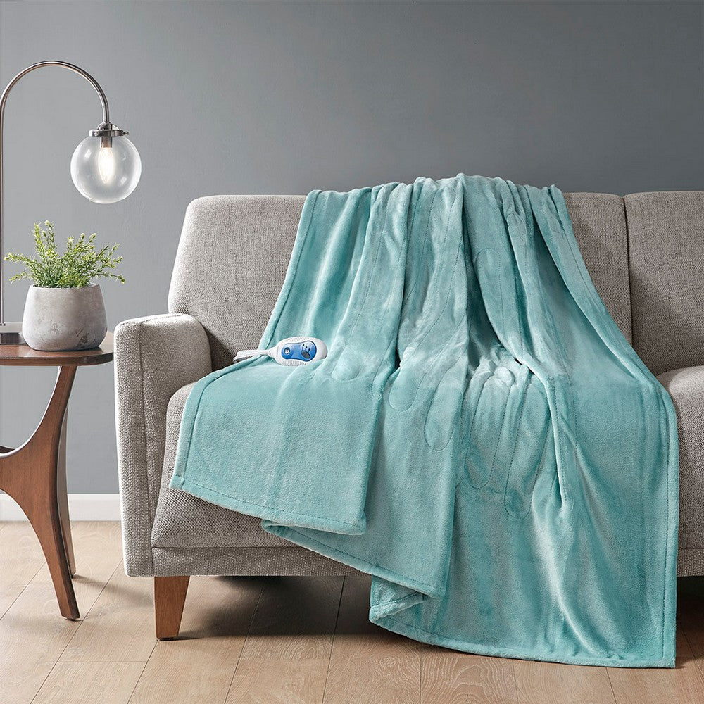 70 x 60 Throw Blanket, Heated, Microlight Plush Fabric, Aqua Blue