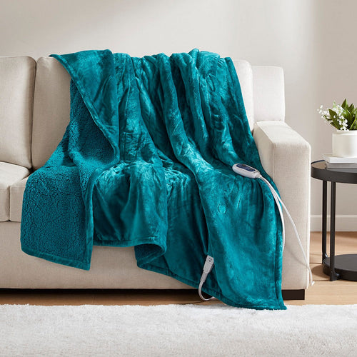 60 x 70 Heated Throw Blanket, Microlight and Berber, Teal Blue