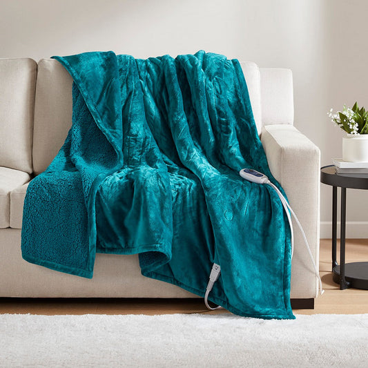 60 x 70 Heated Throw Blanket, Microlight and Berber, Teal Blue