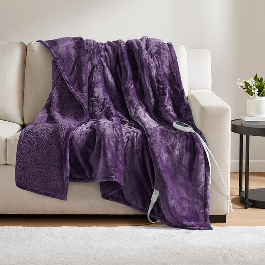 60 x 70 Heated Throw Blanket, Microlight and Berber, Purple
