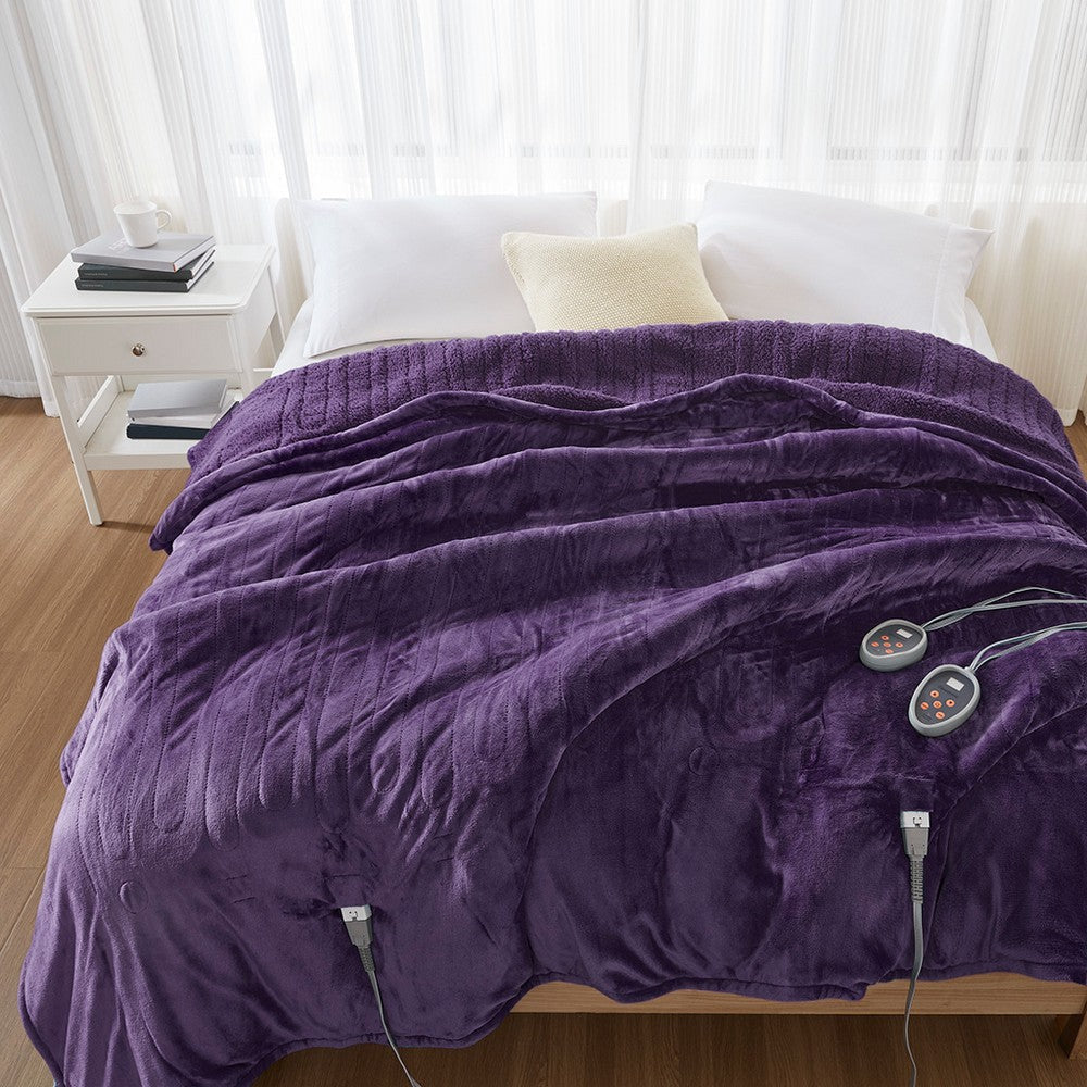 King Size Microlight Berber Heated Blanket w Controllers, Purple