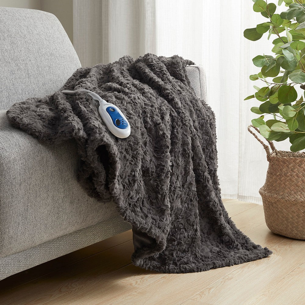 70 x 50 Oversized Throw Blanket, Faux Fur, Heated, Dark Gray
