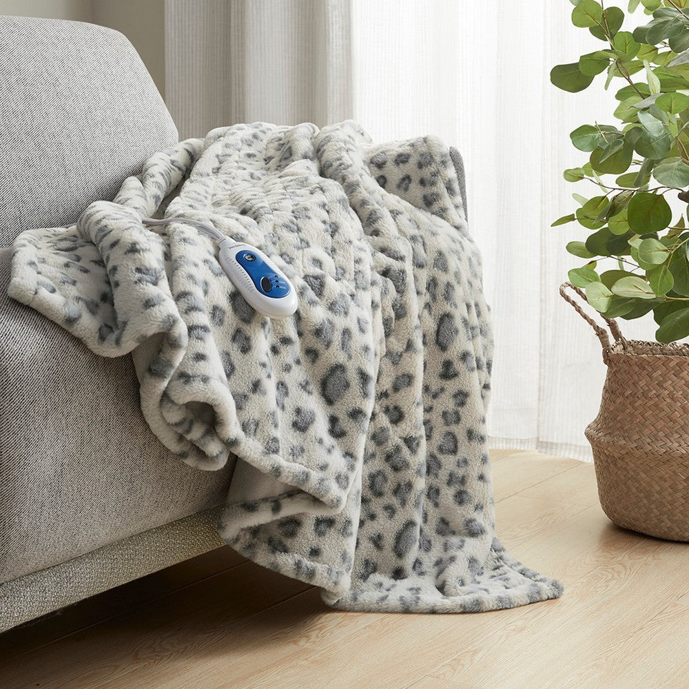 70 x 50 Oversized Throw Blanket, Faux Fur, Leopard Print, Gray