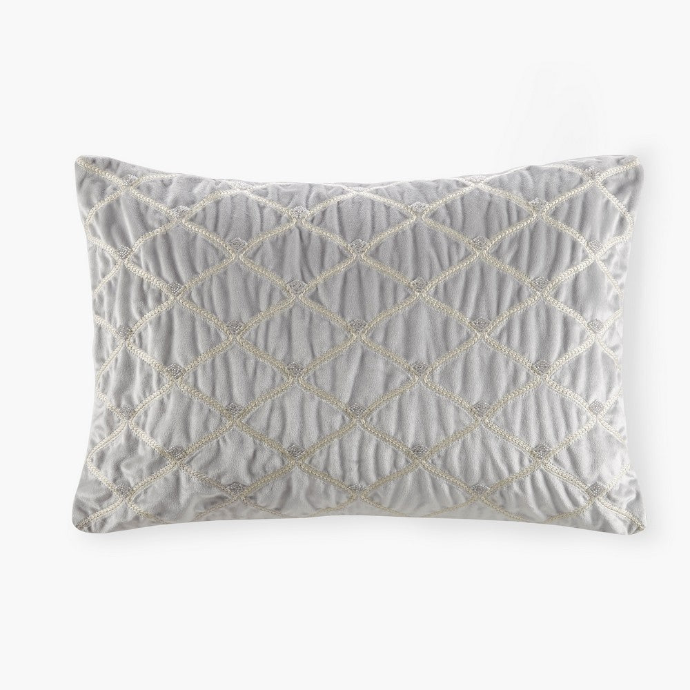 Lumbar Accent Pillow, Foxtail Stitch Silver Velvet w Piping, 15x24