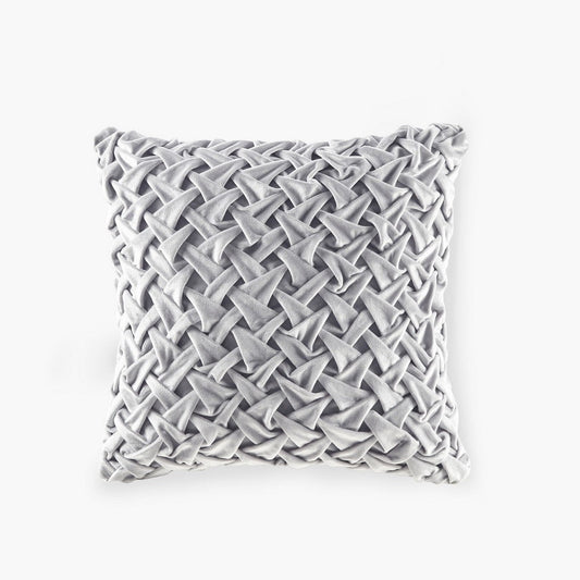 Square Ruched Accent Pillow, Hand Pintucked Silver Velvet, 20"