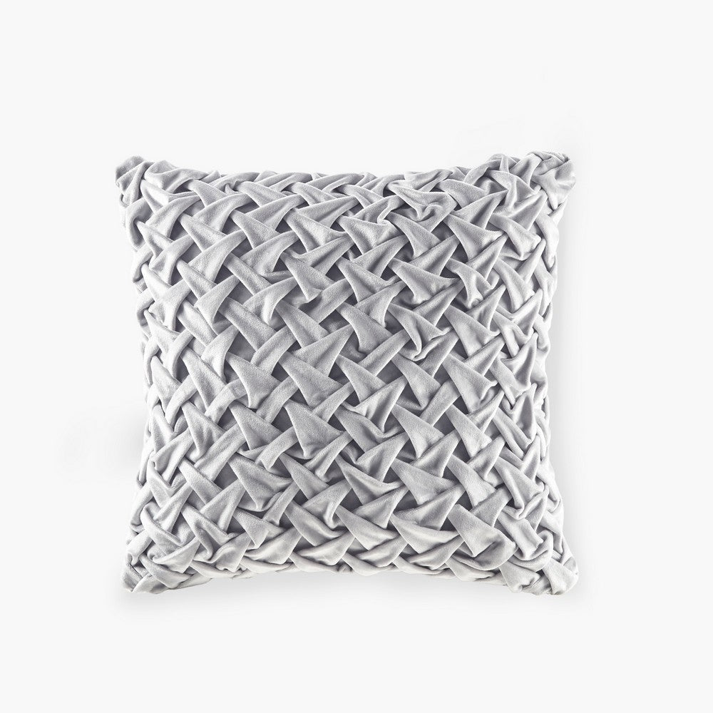 Square Ruched Accent Pillow, Hand Pintucked Silver Velvet, 20"