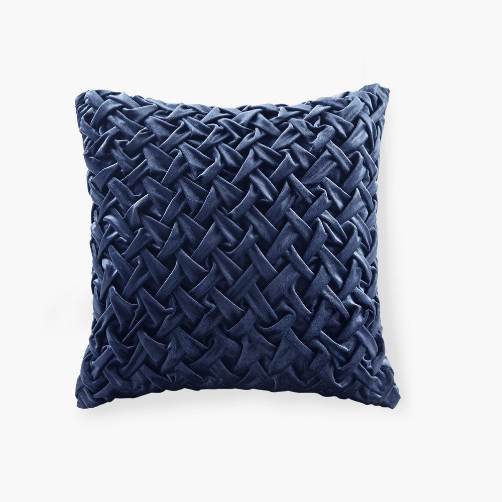 Square Ruched Accent Pillow, Hand Pintucked Navy Blue Velvet, 20"