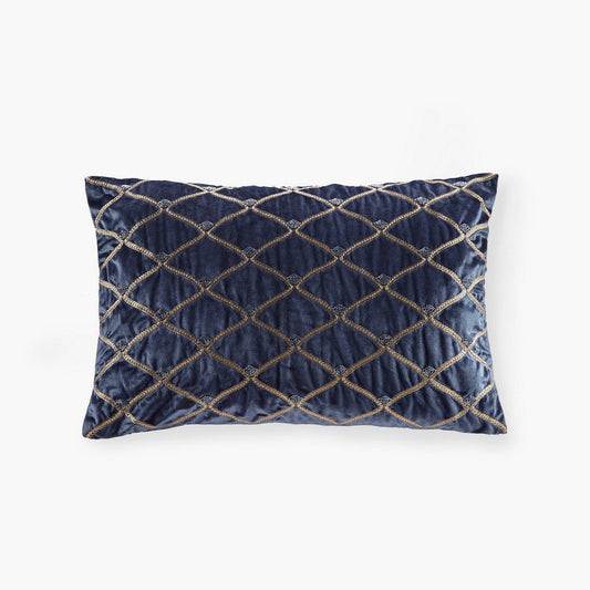 Lumbar Accent Pillow, Foxtail Stitched Navy Blue Velvet, 15x24