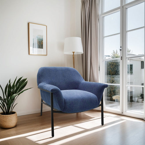 Accent Chair, Barrel Back w Black Steel Frame, Navy Blue Polyester