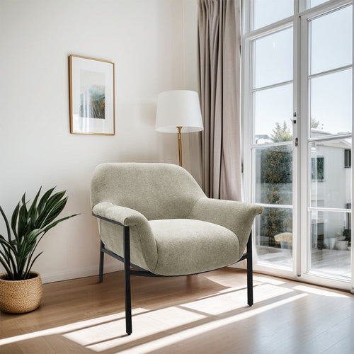 Accent Chair, Barrel Back w Black Steel Frame, Beige Polyester