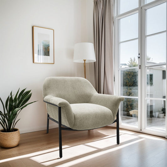 Accent Chair, Barrel Back w Black Steel Frame, Beige Polyester