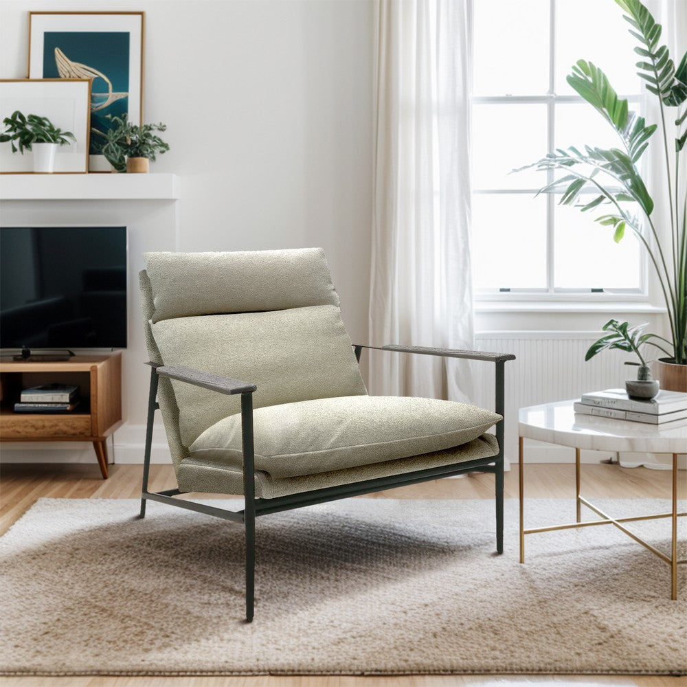 Accent Chair w Tufted High Back, Wooden Armrests, Beige Polyester