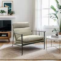 Accent Chair w Tufted High Back, Wooden Armrests, Beige Polyester