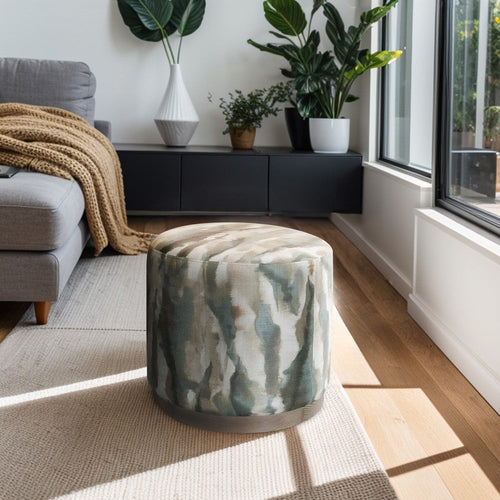 Accent Ottoman, Multicolor Abstract Paint, Solid Oak Base