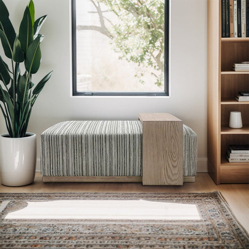 Bench with Oak Wood Table, Gray and Brown Stripe Pattern