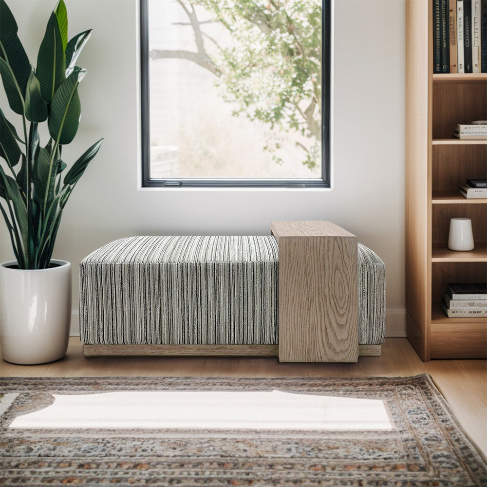 Bench with Oak Wood Table, Gray and Brown Stripe Pattern
