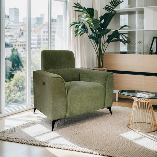 Power Recliner w Chair USB Port, Green Polyester, Black Metal Legs