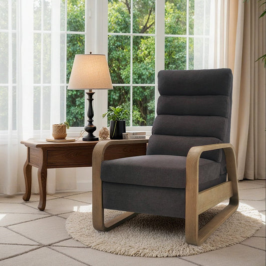 Push Back Recliner, Gray Fabric, Oak Brown Solid Wood Legs