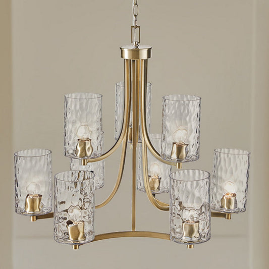 Tiered Chandelier w 6 Textured Glass Shades, Antique Brass Iron