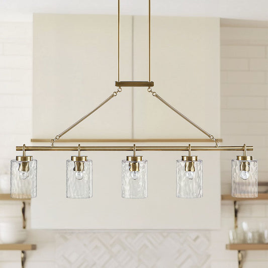 5-Light Linear Chandelier, Textured Glass Shades, Antique Brass