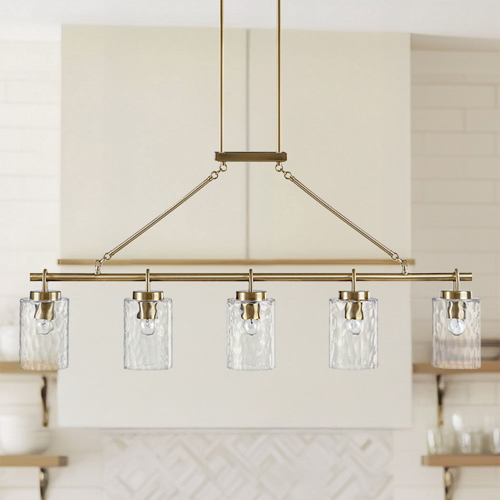 5-Light Linear Chandelier, Textured Glass Shades, Antique Brass