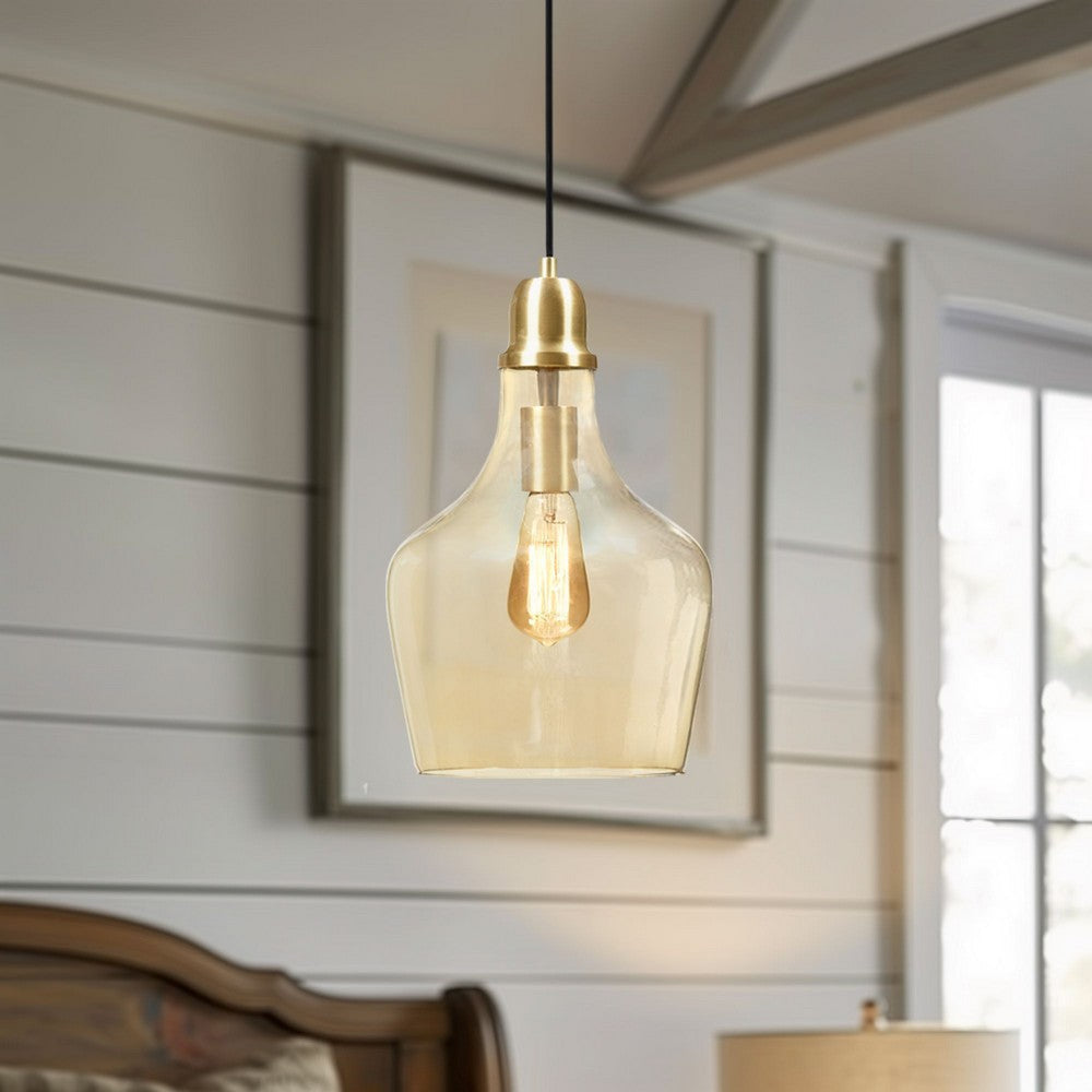 Pendant Light, Bell Glass Shade with Adjustable Hanging Cord, Gold
