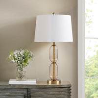 Table Lamp, White Shade, Faceted Brown Glass Body, Gold Metal Base