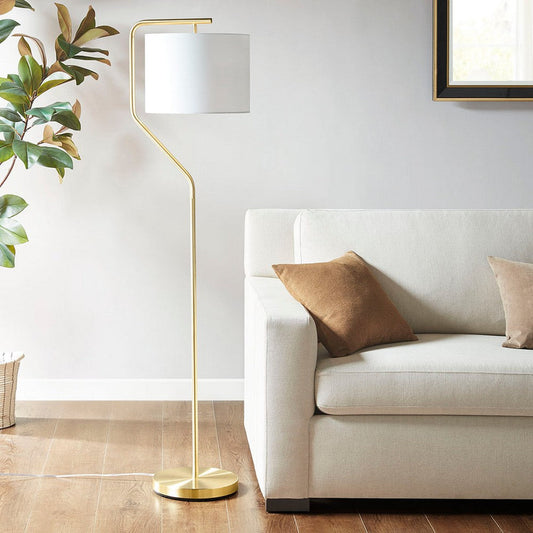 Floor Lamp, Angular Arch Stand, White Linen Drum Shade, Gold Iron