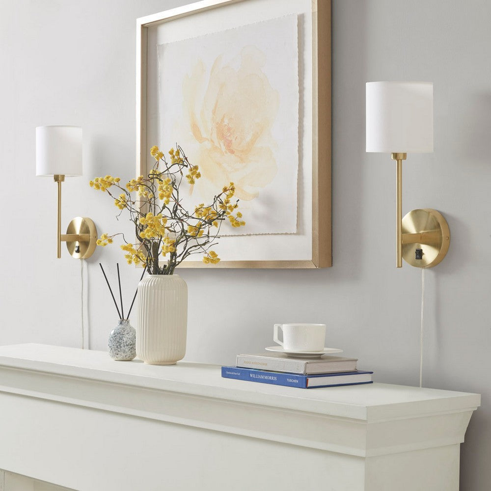 Set of 2 Wall Sconce w Cream Polyester Cylinder Shade, Brass Iron