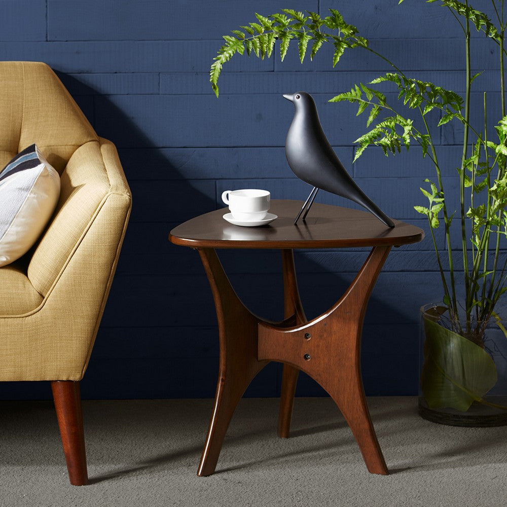 Side End Table, 21" Triangular Top w Asymmetrical Base, Pecan Brown